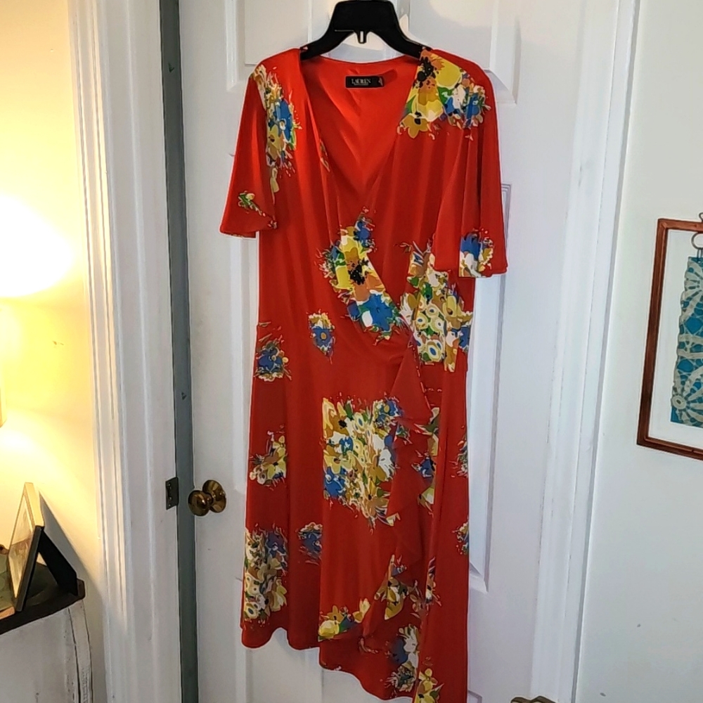 Lauren Ralph Lauren Red Floral Faux-Wrap Midi Dress